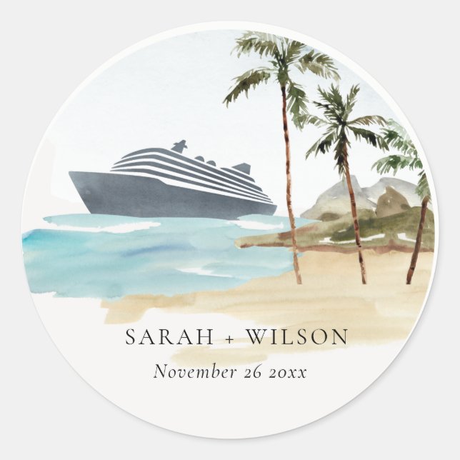 Sticker Rond Rustic Tropical Beach Cruise Palm Mariage (Devant)