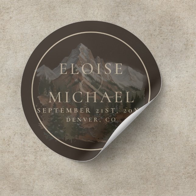 Sticker Rond Rustic Watercolor Mountain Landscape Wedding (Rustic Watercolor Mountain Landscape Wedding Classic Round Sticker)
