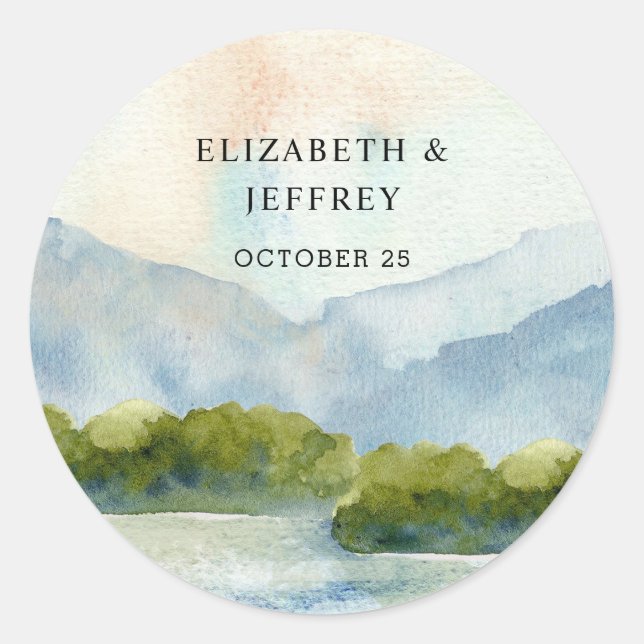 Sticker Rond Rustic Watercolor Mountains Lake Mariage d'hiver (Devant)