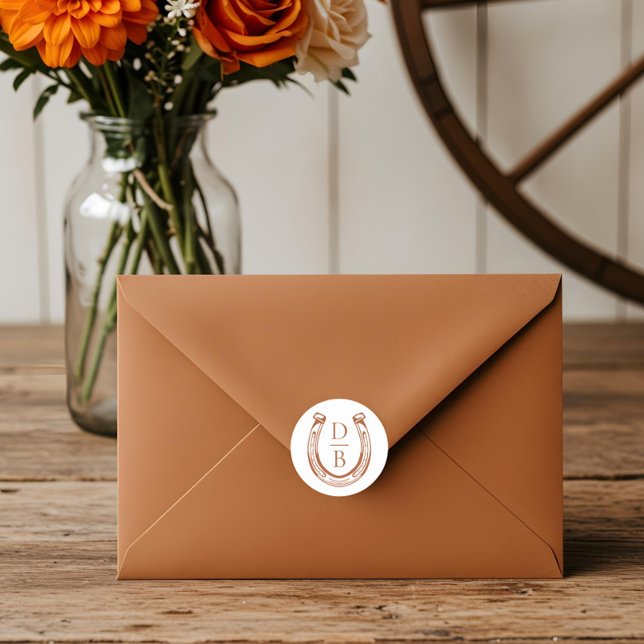 Sticker Rond Rustic Western Horseshoe Custom Monogram Mariage (Rustic Western Horseshoe Custom Monogram Wedding Classic Round Sticker)