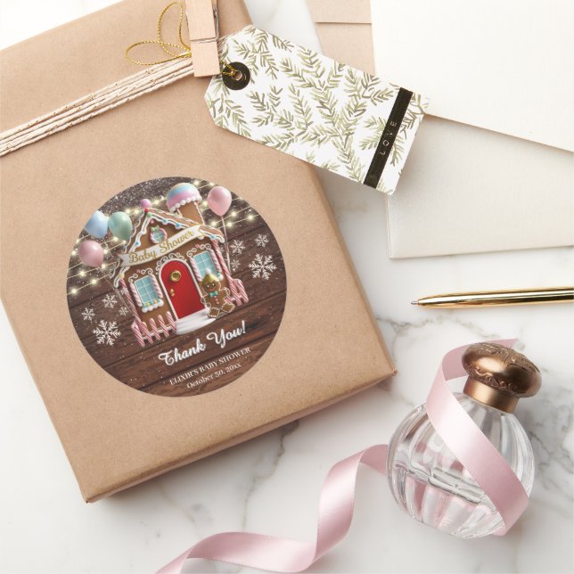 Sticker Rond Rustic Winter Gingerbread House Baby Shower (Cadeaux)
