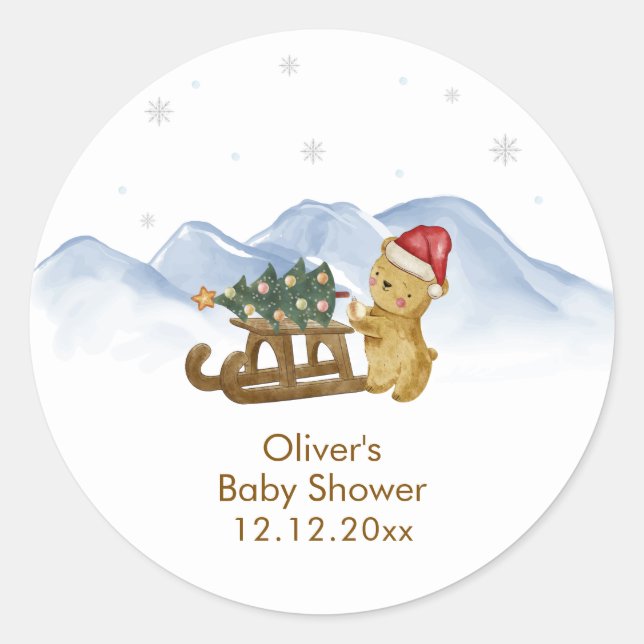 Sticker Rond Rustic Winter Mountain Sleigh Bear Baby Shower  (Devant)