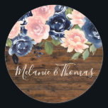 Sticker Rond Rustic Wood Blush & Navy Mariage Engagement Party<br><div class="desc">Sticker rond Rustique Bois Blush & Marine Mariage Engagement Party Classic Voir la collection correspondante dans Niche & Nest Store</div>