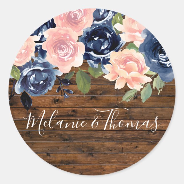 Sticker Rond Rustic Wood Blush & Navy Mariage Engagement Party (Devant)