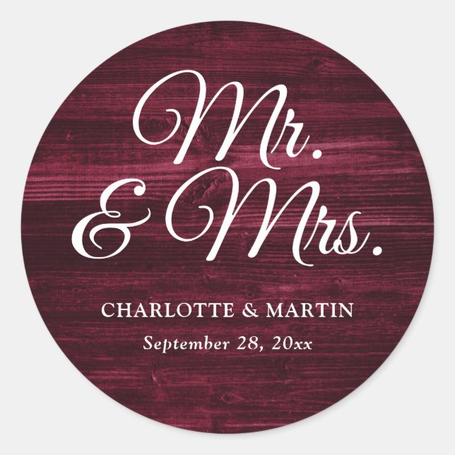 Sticker Rond Rustic Wood Burgundy Red M. et Mme Mariage (Devant)