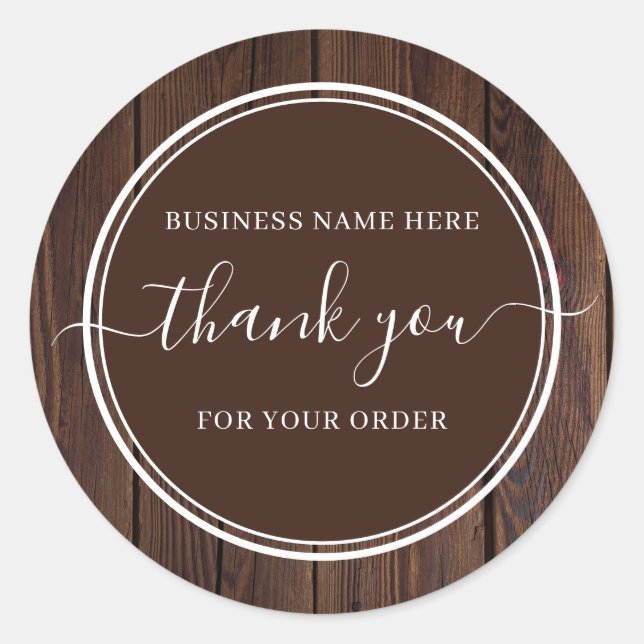 Sticker Rond Rustic Wood Calligraphy Business Thank You (Devant)