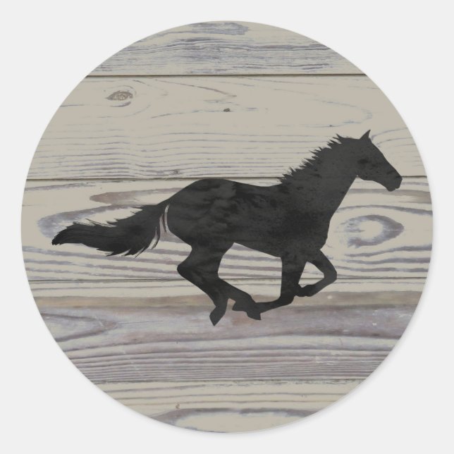 Sticker Rond Rustic Wood Galloping Horse Watercolor Silhouette (Devant)
