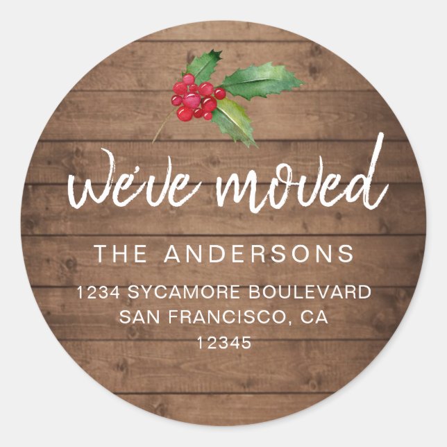 Sticker Rond Rustic Wood Holly We’ve Moved Holiday (Devant)