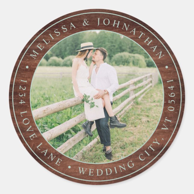 Sticker Rond Rustic Wood Mariage Photo Return Adresse (Devant)