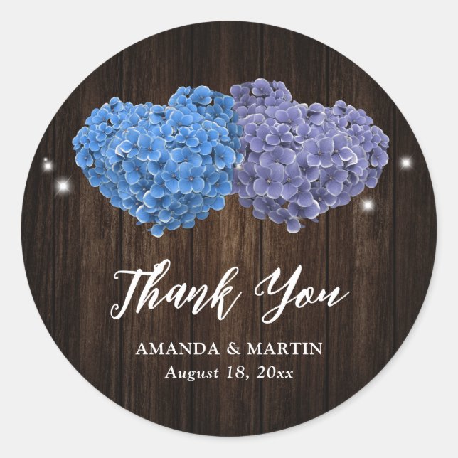 Sticker Rond Rustic Wood Purple Blue Floral Wedding Thank You (Devant)