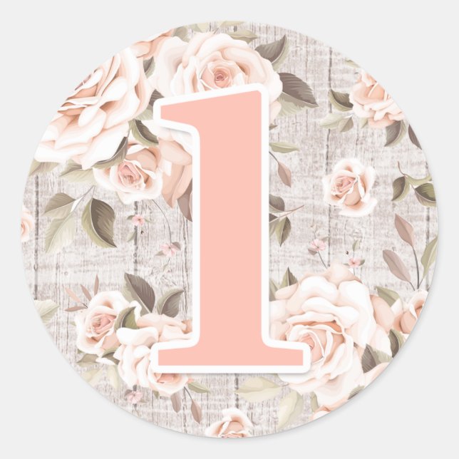 Sticker Rond Rustic Wood & Shabby Chic Rose 1er anniversaire (Devant)