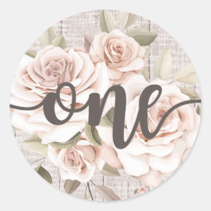 Sticker Rond Rustic Wood & Shabby Chic Rose 1er anniversaire
