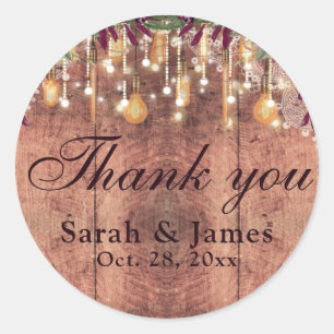 Sticker Rond Rustic Wood & String Lights Mariage merci