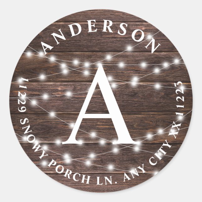 Sticker Rond Rustic Wood String Lights Monogramme adresse de re (Devant)
