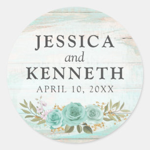 Sticker Rond Rustic Wood Turquoise Floral Noms & Mariage Date