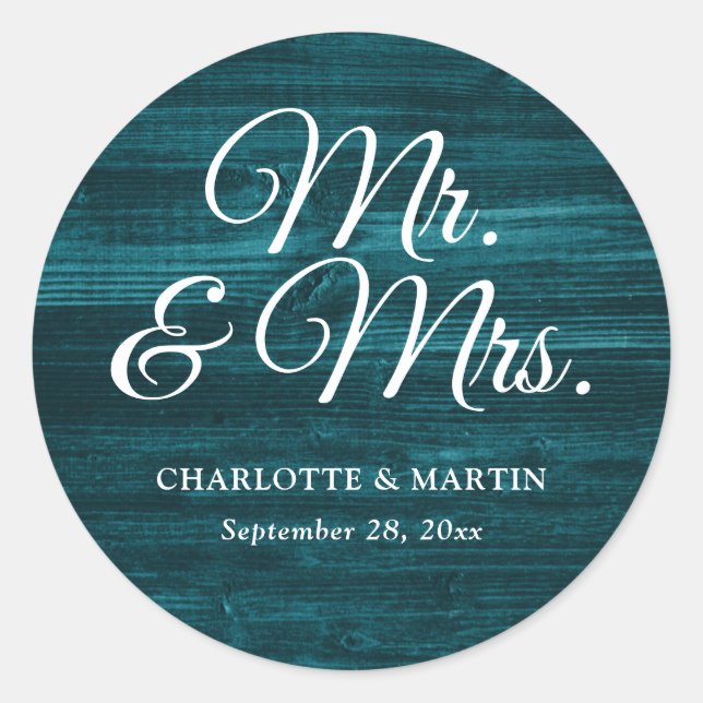Sticker Rond Rustic Wood Turquoise M. et Mme Mariage (Devant)