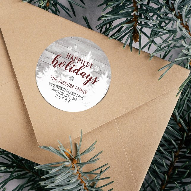 Sticker Rond Rustic Wood Winter Tree Bourgogne Adresse de retou (Rustic Wood Winter Tree Burgundy Return Address Classic Round Sticker)