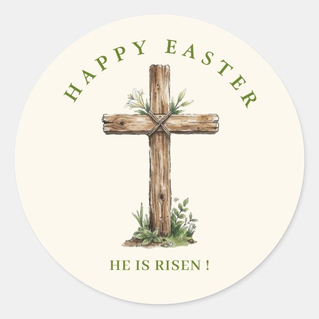 Sticker Rond Rustic Wooden Cross He is risen Easter (Devant)