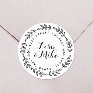 Sticker Rond Rustic Wreath Couple Noms Adresse Mariage