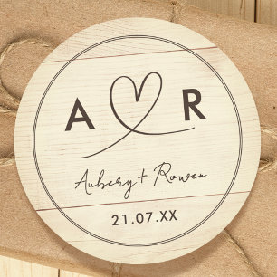 Sticker Rond Rústico Neutre Boho Aspect Bois Joli Cœur Script