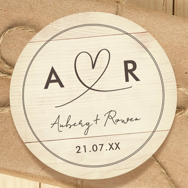 Sticker Rond Rústico Neutre Boho Aspect Bois Joli Cœur Script (Créateur téléchargé)