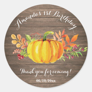 Sticker Rond Rustique aquarelle automne Citrouille anniversaire