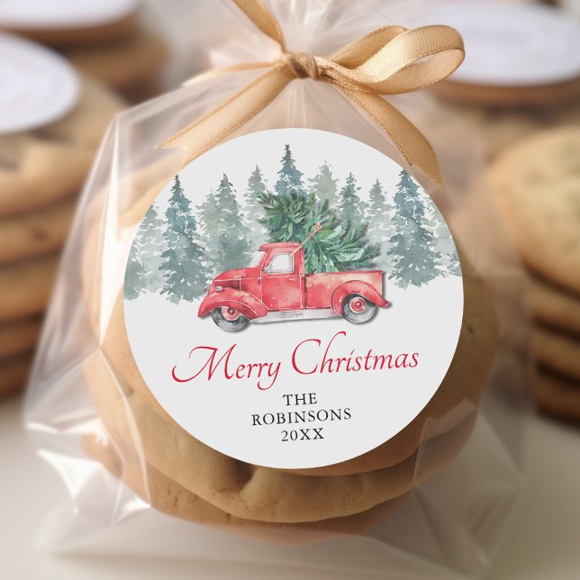 Sticker Rond Rustique aquarelle Rouge Camion vacances de Noël (Créateur téléchargé)