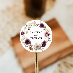 Sticker Rond Rustique Automne Marsala Floral Mariage Wreath