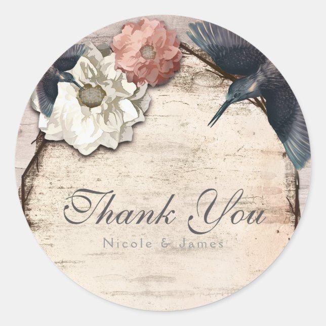 Sticker Rond Rustique Blanc Birch Floral & Colibri Favoriser (Devant)