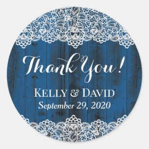 Sticker Rond Rustique Blanc Dentelle Bleu Grange Bois Mariage F