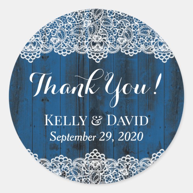 Sticker Rond Rustique Blanc Dentelle Bleu Grange Bois Mariage F (Devant)