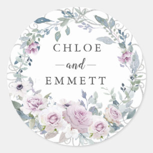 Sticker Rond Rustique Blush violet Rose Wreath Wedding Favor