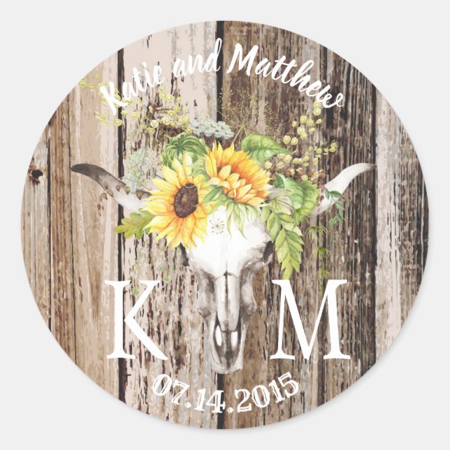 Sticker Rond Rustique Boho Longhorn tournesol Monogramme Mariag (Devant)