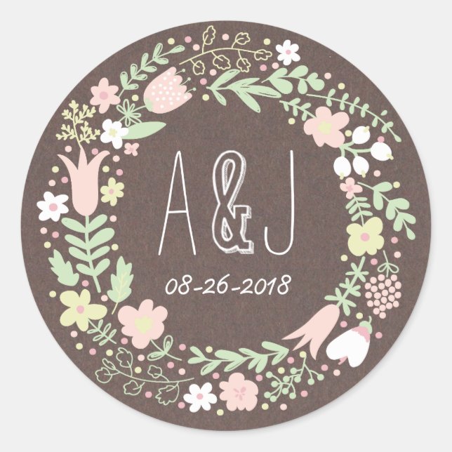 Sticker Rond Rustique Boho Pastel Mariage à fleurs (Devant)