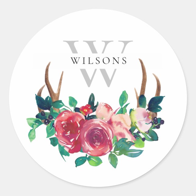 Sticker Rond Rustique Boho Rouge Floral Cerf Bois Monogramme (Devant)