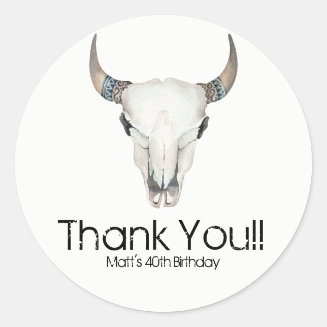 Sticker Rond Rustique Boho Vache Crâne Personnalisé Anniversair (Devant)