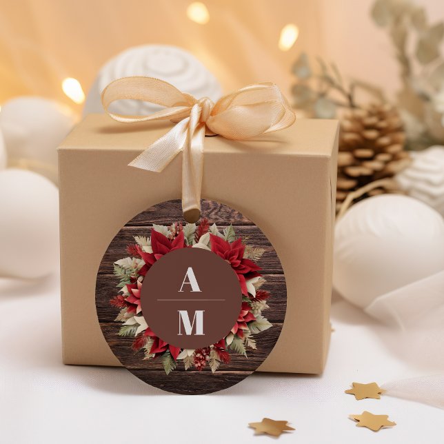 Sticker Rond Rustique Bois Poinsettia Floral Mariage de Noël (Créateur téléchargé)
