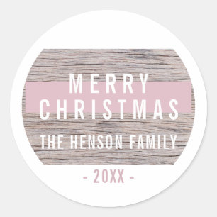 Sticker Rond Rustique Bois rose Joyeux Noël Famille