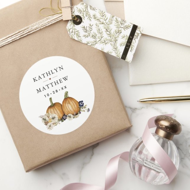 Sticker Rond Rustique Botanique Automne Citrouille Mariage de a (Créateur téléchargé)