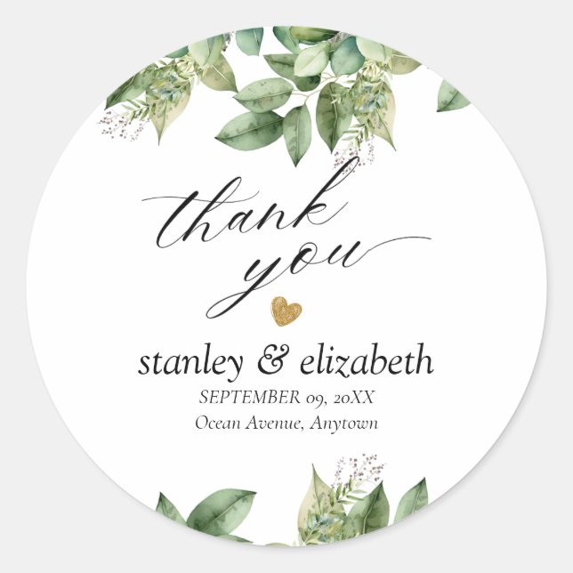 Sticker Rond Rustique Botanique Vert & Or Mariage Foliage (Devant)