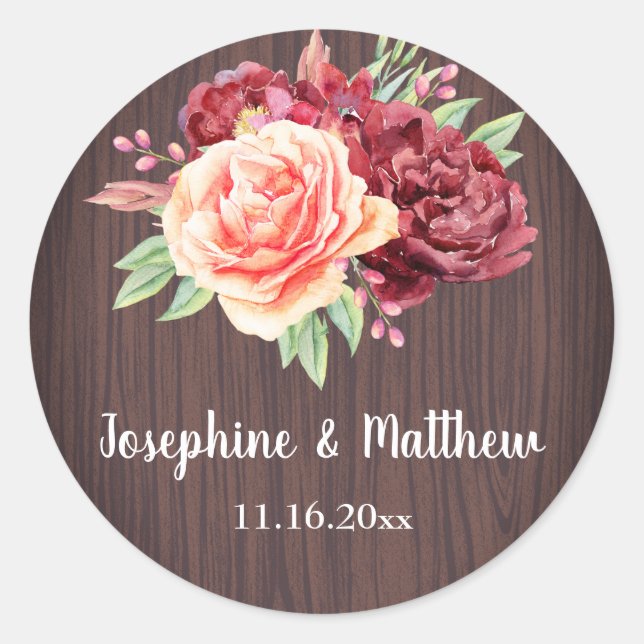 Sticker Rond Rustique Bourgogne Floral Aquarelle Mariage (Devant)
