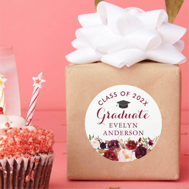 Sticker Rond Rustique Bourgogne Floral Graduate Graduate (Fête)