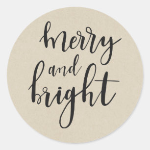 Sticker Rond Rustique Brown Kraft Holiday MERRY & BRIGHT Favori