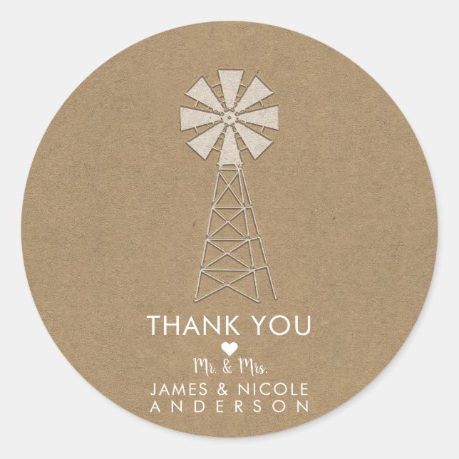 Sticker Rond Rustique Brown Kraft Windmill Mariage moderne (Devant)