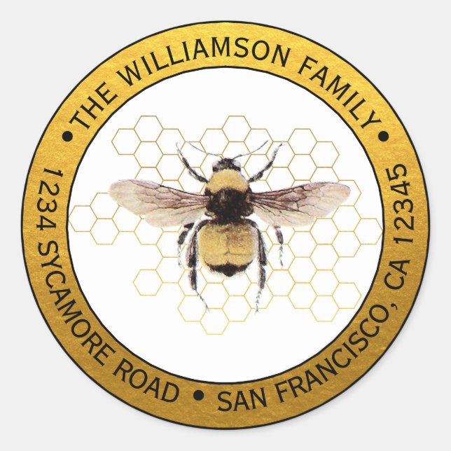 Sticker Rond Rustique BumbleBee Round Return Adresse Gold (Devant)