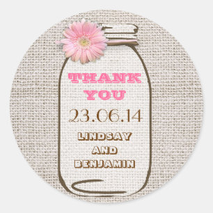 Sticker Rond Rustique Burlap Mason Jar Pink Gerbera Mariage