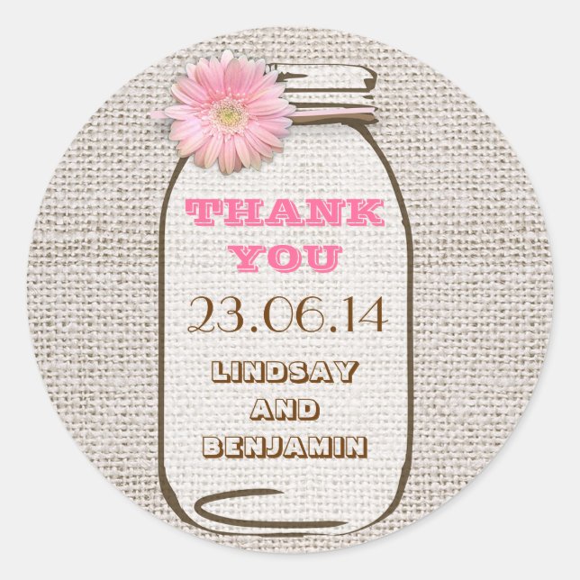Sticker Rond Rustique Burlap Mason Jar Pink Gerbera Mariage (Devant)