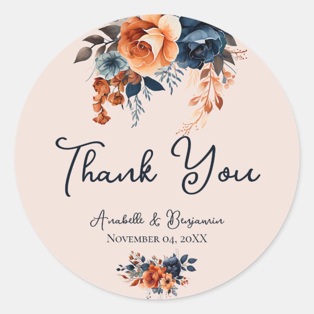 Sticker Rond Rustique Burnt Orange et Mariage bleu (Devant)