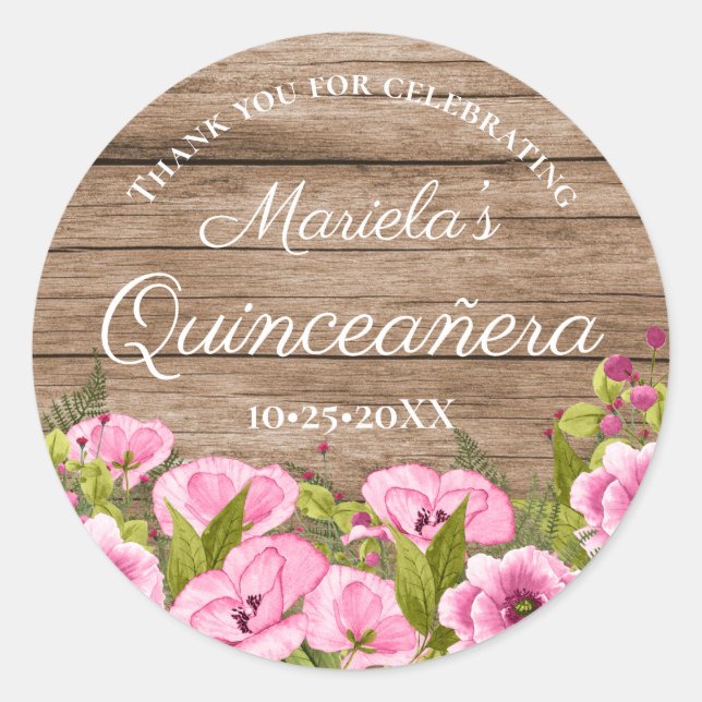 Sticker Rond Rustique Chic rose Floral Quinceañera Merci (Devant)