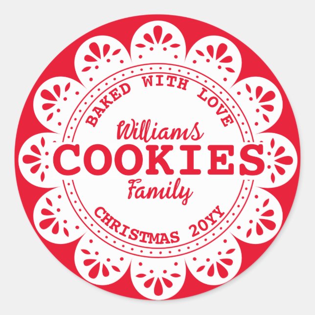 Sticker Rond Rustique Cuisiné avec amour Noël Cookies Rouge Bla (Devant)